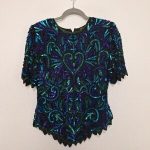 Sequin Indie Vintage Blue Purple Silk Unique Bling Retro Sequin Blouse Size M